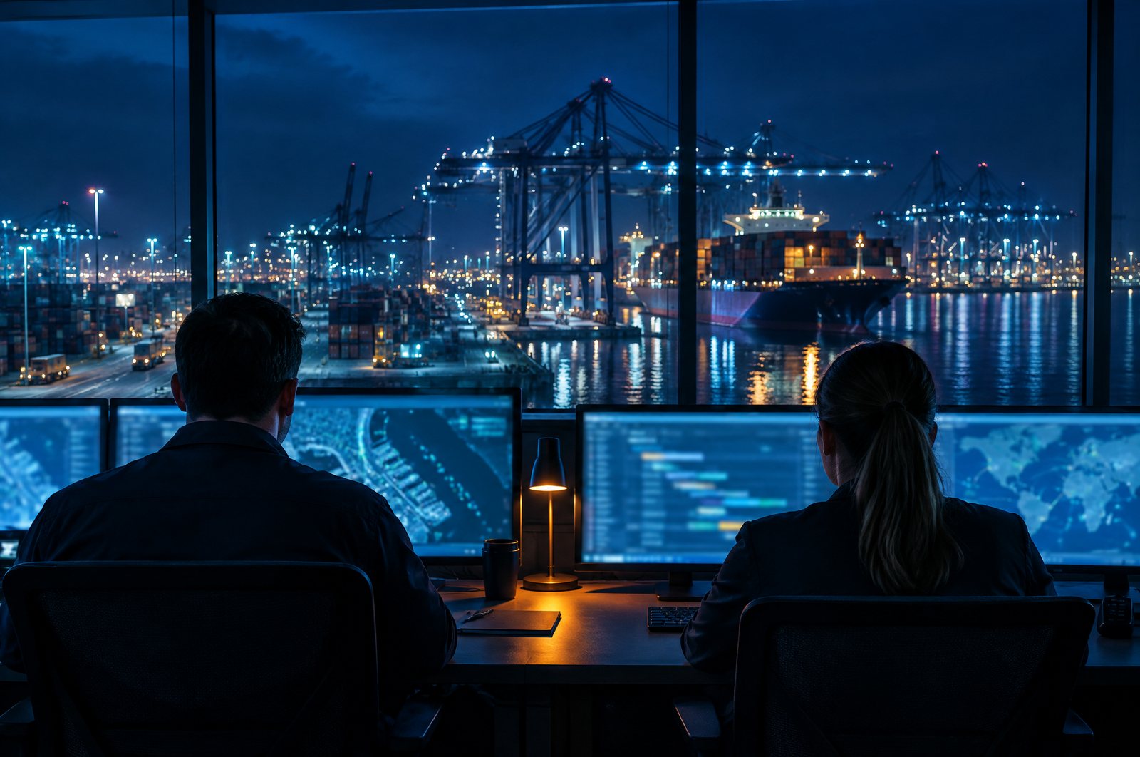 Centro de operações portuárias à noite, com dois operadores observando o terminal pela janela